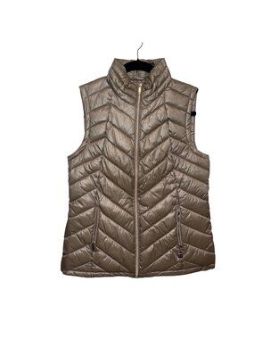 Calvin Klein Womens Gold Puffer Vest Chevron Quilted Zipper Closure Size L